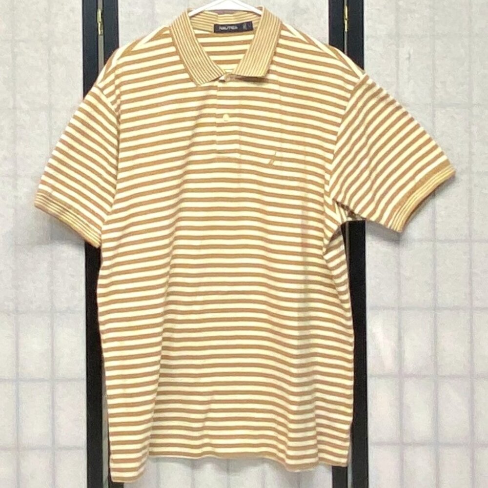 Nautica Gold Horizonal Stripe 2 Button Polo Shirt L Short Sleeve Striped Bands